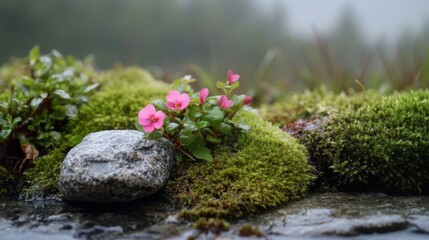 Delicate pink flowers and lush green moss flourish on a bed of stones, showcasing the tranquil beauty of nature's resilience.