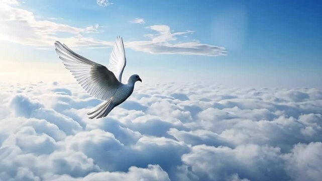 A white dove flying in the sky. The sky is blue with some clouds. Concept of freedom and peace