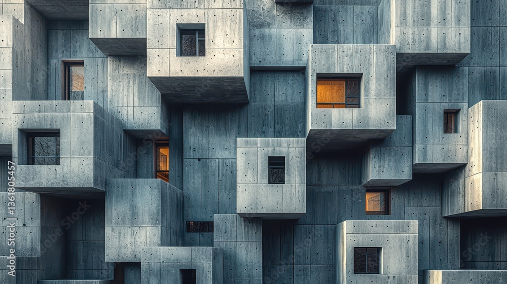 Poster an artistic architectural structure comprised of concrete blocks and windows