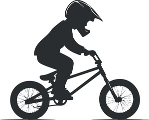 Fototapeta premium Silhouette of a child riding a BMX bike with helmet for sports design.