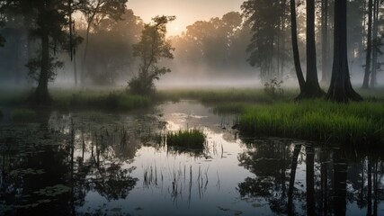 Fototapeta premium A serene misty landscape with reflections in a tranquil swamp at dawn.