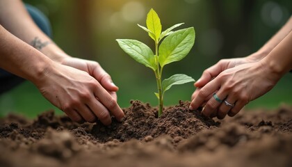 Volunteers hands plant young tree in soil during community Earth Day event. Environmentalists taking care of future. New life concept. Focus on earth day, eco-friendly lifestyle, nature protection,