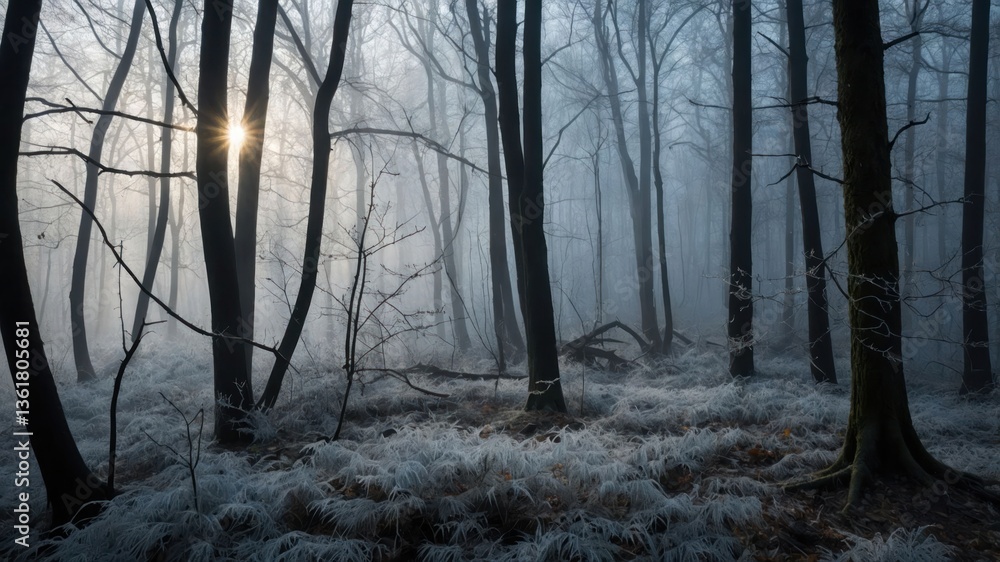 Poster a misty forest scene with tall trees and soft light filtering through, creating an ethereal atmosphe