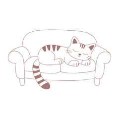 A cute cat sleeps on a couch isolated on a white background.