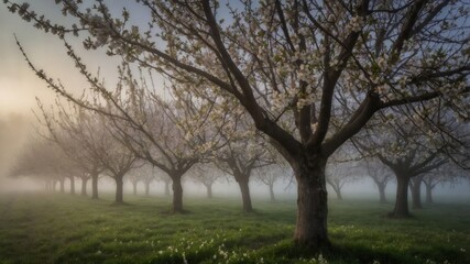 A serene orchard shrouded in morning fog, with blooming trees creating a tranquil atmosphere.