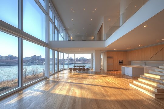 Open-plan kitchen and dining area with wood floors, light cabinets, large windows overlooking Boston harbor, high ceilings, and a modern urban aesthetic.