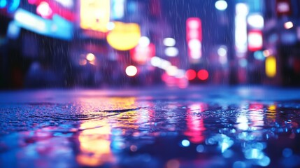 Fototapeta premium City lights blur into a colorful spectrum reflecting on wet pavements, capturing the vibrant energy of urban nightlife in a kaleidoscope of colors.
