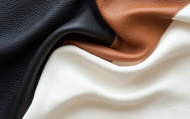Close-up view of textured leather swatches in black, brown, and off-white, arranged in a flowing, wave-like pattern. The image is a detailed and high-resolution shot of the material's texture