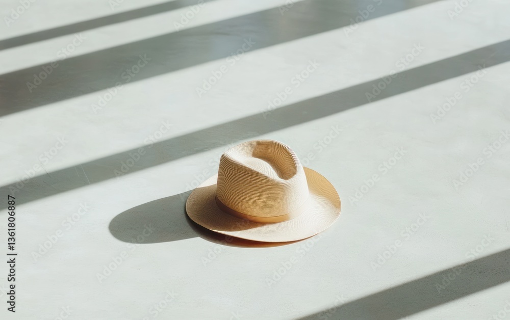 Poster tan straw hat with subtle pattern rests on light gray floor, bathed in sunlight creating strong vert