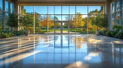 A modern building interior showcasing an outdoor nature view perfectly