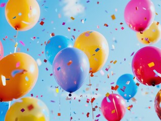 Fototapeta premium Colorful balloons and confetti fill the blue sky during celebration
