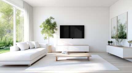 Fototapeta premium Modern, bright living room with natural light and minimalist decor