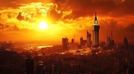 Obraz premium Majestic Mecca cityscape under a fiery sunset sky radiates spiritual significance