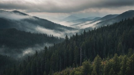 Obraz premium A serene forest landscape shrouded in mist, showcasing rolling hills and dense trees under a cloudy sky.