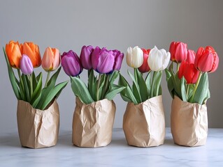 Colorful tulip arrangement in paper bags on a table