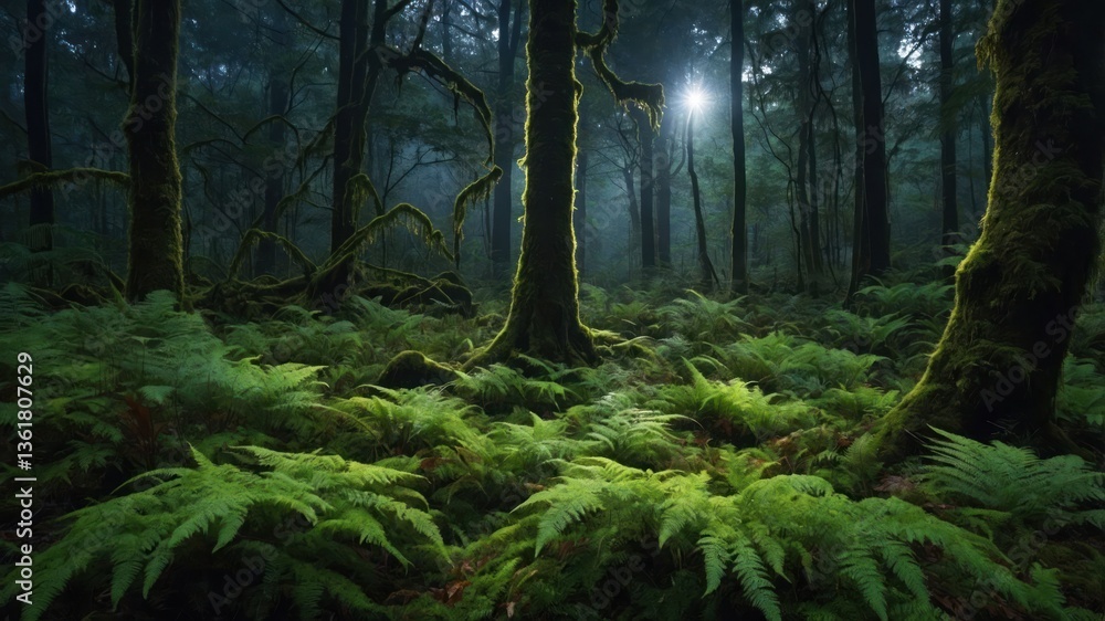 Aufkleber a serene forest scene with lush ferns and tall trees, illuminated by soft light filtering through th