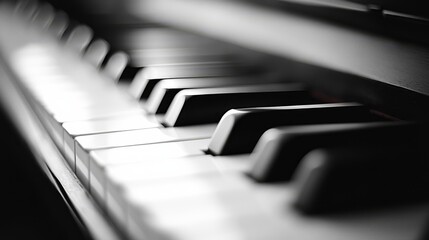 Elegant piano keys in soft focus, evoking a sense of musical nostalgia and timeless beauty in a serene monochrome setting.