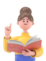 3D illustration of Asian woman Angela with reading a book.Transparent Background Mockup. Supports PNG files with transparent backgrounds.