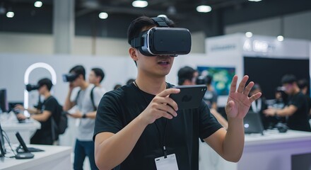 Young man wearing virtual reality headset at technology exhibition. VR gaming experience. Immersive digital entertainment and futuristic simulation concept