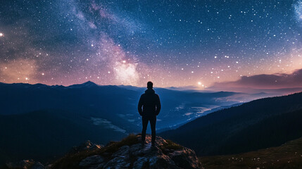 A person stands on a mountain top gazing at the stars and the milky way in the night sky above them