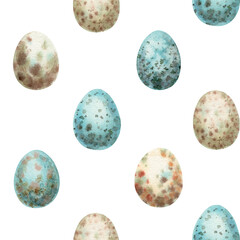 Easter seamless pattern with quail spotted egg on the white background. Hand drawn watercolor staggered design in vintage style. Cute print ideal for wallpaper. Perfect for holiday fabric and paper.