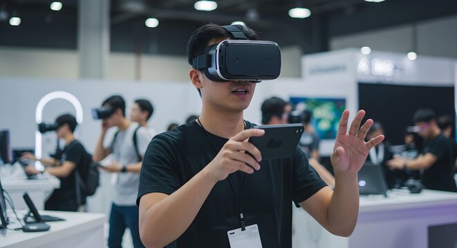Young man wearing virtual reality headset at technology exhibition. VR gaming experience. Immersive digital entertainment and futuristic simulation concept