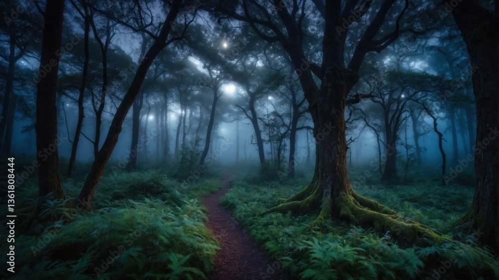 Aufkleber a misty forest path surrounded by tall trees and lush greenery, creating an atmospheric and serene s