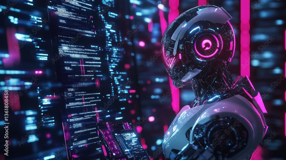 Poster futuristic robotic cybersecurity agent monitoring digital information streams
