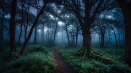 Obraz premium A misty forest path surrounded by tall trees and lush greenery, creating an atmospheric and serene scene.