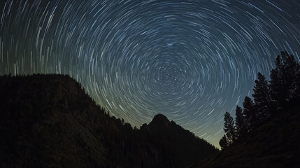 Star trails over a dark mountain landscape with trees under a swirling night sky long exposure