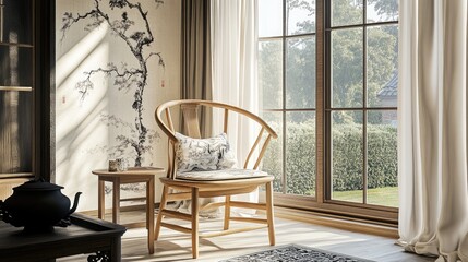 A serene reading nook featuring a Ming-style wooden chair and side table