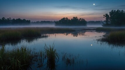 Fototapeta premium A serene twilight scene over a misty wetland with reflections and a crescent moon.
