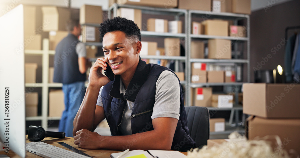 Poster phone call, warehouse and man on computer for shipping, delivery and distribution business. ecommerc