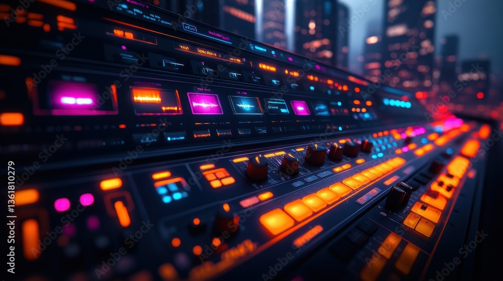 Poster advanced audio mixing console with vibrant lighting and urban backdrop. detailed control panel with 