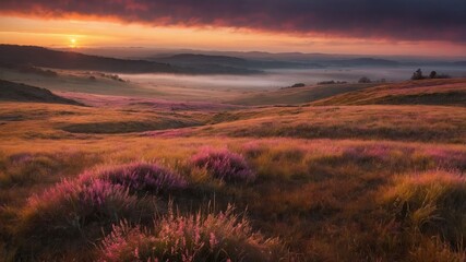Obraz premium A serene landscape at sunrise, featuring rolling hills adorned with vibrant pink flowers and misty valleys.
