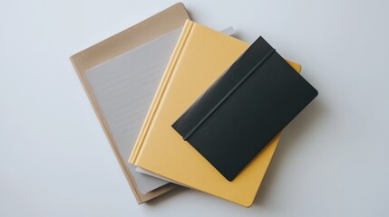 Stacked notebooks, neutral colors, office supplies, flat lay, work from home