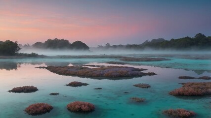 Fototapeta premium Serene landscape at dawn with mist over water and vibrant vegetation.
