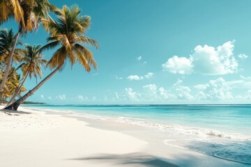 Fototapeta premium Idyllic paradise with turquoise waters, white sands, and swaying palm trees beneath a blue sky dotted with fluffy clouds.