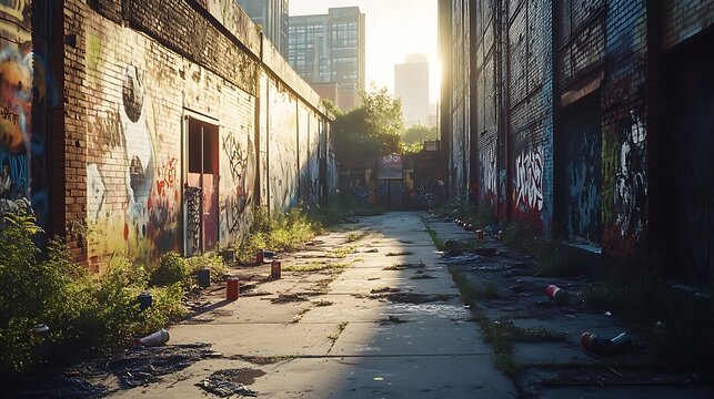 An urban alleyway is covered in graffiti and is quite deteriorated