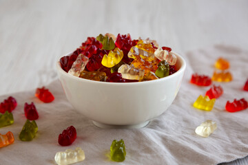 Colorful Gummy Bears in a Bowl, low angle view.