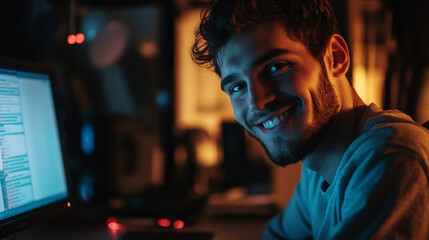 Fototapeta premium Man smiling in front of a computer screen with code visible in a dimly lit room at nighttime