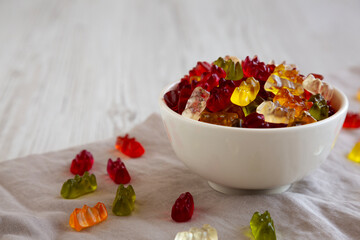 Colorful Gummy Bears in a Bowl, low angle view. Copy space.