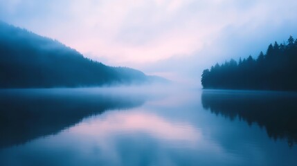 Fototapeta premium Mist envelops a tranquil lake as tall trees stand in quiet reflection, blending mystery with natural beauty.