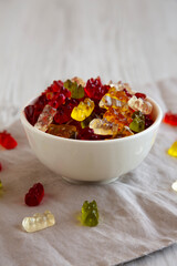 Colorful Gummy Bears in a Bowl, low angle view. Close-up.