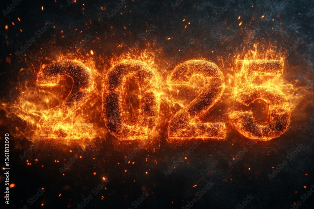 Poster Fiery representation of the year 2025 with dynamic flames and sparks illuminating the numerals beneath a darkened background