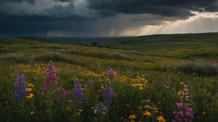 Fototapeta premium A vibrant landscape with colorful wildflowers under a dramatic stormy sky.