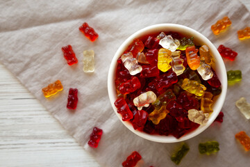 Colorful Gummy Bears in a Bowl, top view. Flat lay, overhead, from above.