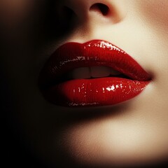 Obraz premium Sensual Glossy Red Lips with Vibrant Crimson Lipstick in Extreme Close-up with Dramatic Shadows and Moody Atmosphere for Fashion Editorial Beauty Photography