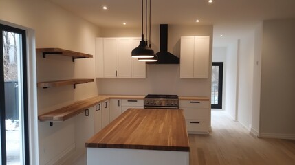Modern kitchen interior with wood accents, open concept. Ideal for real estate or interior design