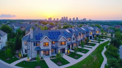 Cityscape at Sunset: An aerial view showcases a row of modern townhouses, their rooftops dotted with solar panels, bathed in the warm light of a setting sun with city skyline in background.